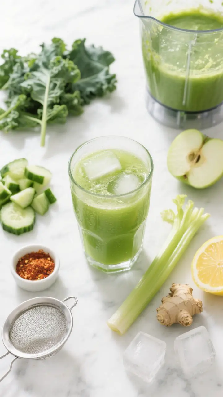 Overhead flat lay of the “Morning Glow Green” final juice in a clear highball glass over ice, vibrant light green hue, with visible condensation; styled on a bright white marble surface with soft morning light. Surround with key ingredients neatly arranged: chopped cucumber, kale leaves (or baby spinach as an optional swap noted), green apple wedges, a celery stalk, peeled half-lemon, a nub of fresh ginger, and a few ice cubes. Include a fine-mesh sieve and blender jar with green puree remnants to hint the blender method; a tiny pinch of cayenne in a ramekin as an optional kick. Clean, fresh, crisp vibe; minimal props; focus on brightness and drinkability.