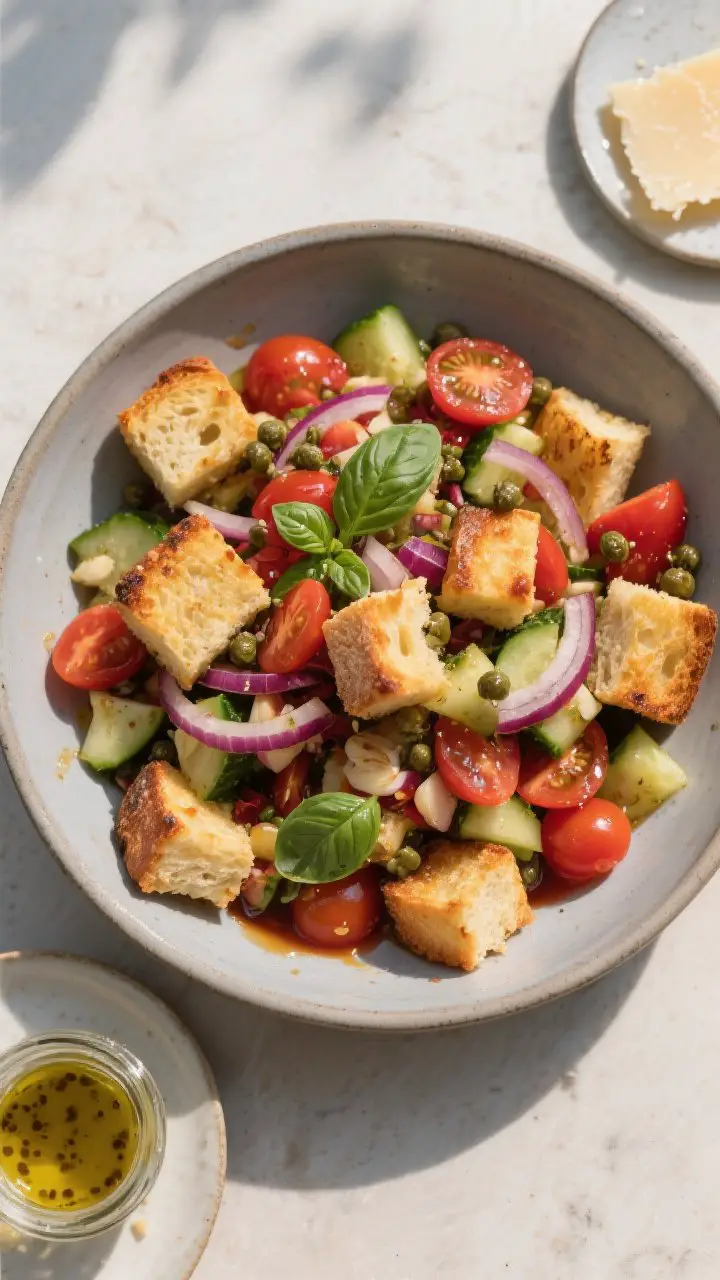 Overhead flat lay of Tuscan panzanella just tossed in a large matte ceramic bowl: golden oven-toasted sourdough cubes with crisp edges, juicy chopped heirloom and cherry tomatoes releasing juices, chopped cucumber, thin slivers of red onion, torn basil, and briny capers. Visible vinaigrette sheen (red wine vinegar, olive oil, Dijon, garlic) clinging to the bread; a few bread cubes still slightly chewy. Optional accents: a side plate with shaved Parm and a small jar of dressing. Summer-saturated colors, rustic Italian mood, tomato juices pooling appetizingly.