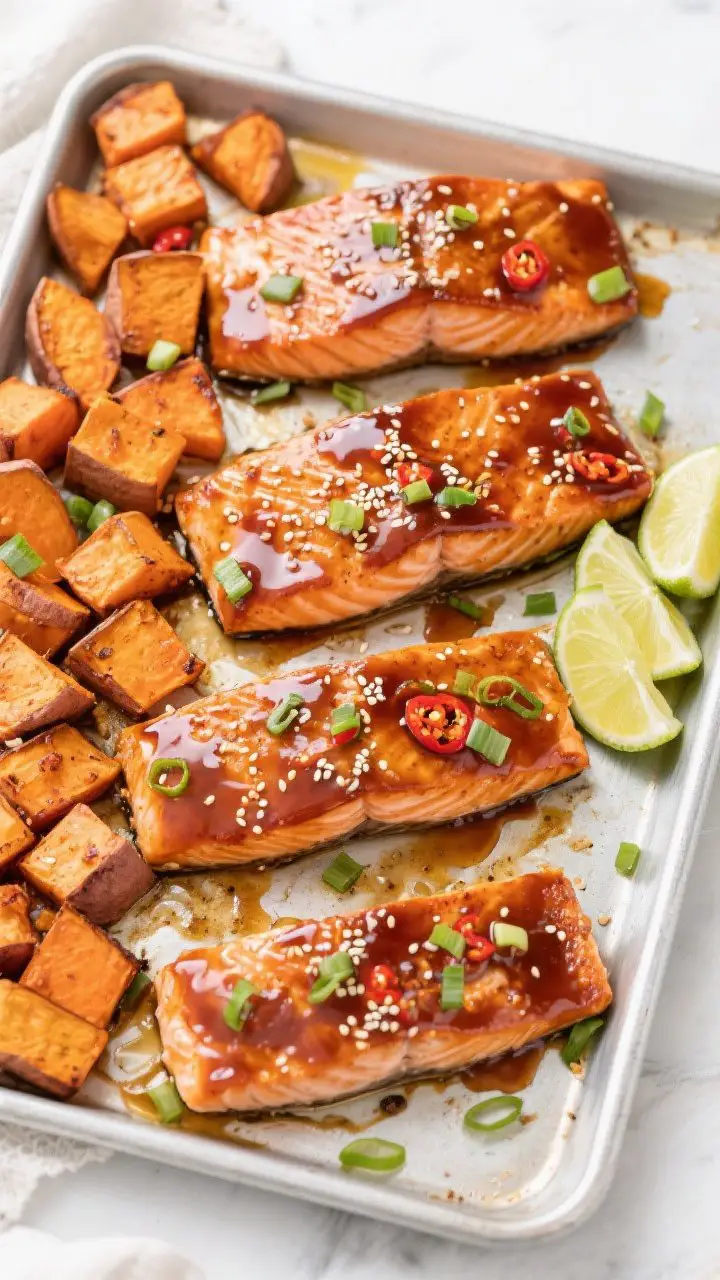 Overhead half-sheet pan of maple-chili glazed salmon with roasted sweet potatoes: four skin-on salmon fillets glazed with maple, soy, sriracha, ginger, and rice vinegar, caramelized at the edges; cubed sweet potatoes roasted to deep orange with crisp corners pushed to one side; final brush of glaze glistening, sprinkled with sliced scallions and sesame seeds; lime wedges on the side for serving, clean, bright weeknight vibe