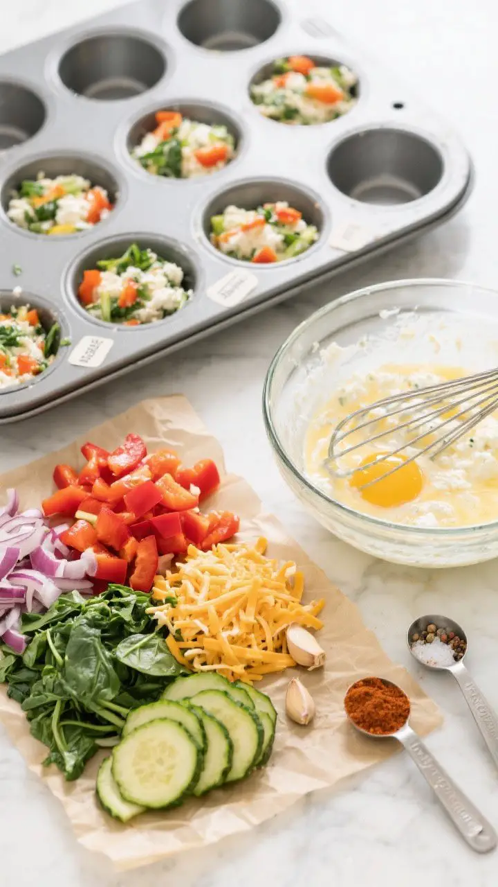 Overhead ingredient and process shot for veggie cottage cheese egg muffins: a whisked egg and cottage cheese mixture in a glass mixing bowl alongside piles of vibrant diced bell pepper, chopped spinach, red onion, squeezed-dry grated zucchini, shredded cheddar, garlic powder, smoked paprika, salt and pepper; a greased 12-cup muffin tin partially filled to three-quarters with the colorful mixture; parchment labels and measuring spoons; bright, clean kitchen light, meal-prep mood.