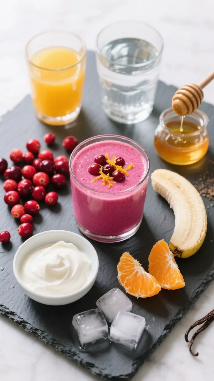 Overhead ingredient-first shot for the Cranberry Orange Glow smoothie: bright red cranberries scattered beside orange segments, half a frozen banana, a small bowl of plain kefir/Greek yogurt, a glass of water/orange juice, honey in a dripper, vanilla extract, and ice cubes arranged on a cool slate board. Include a finished vibrant magenta-pink smoothie in a clear glass with orange zest and a few floating cranberries. Bright, punchy daylight to emphasize tangy freshness.