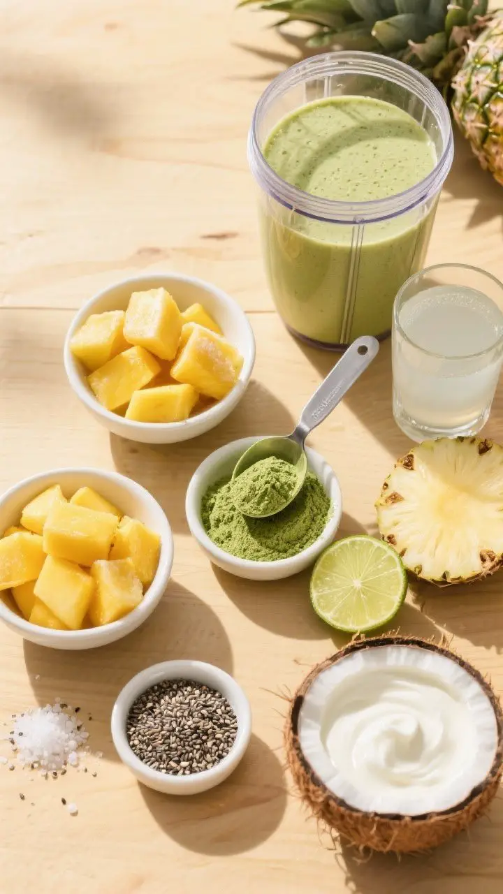 Overhead ingredient flat lay for a Tropical Mango Matcha Builder, bright and beachy: frozen mango chunks and pineapple in small bowls, a scoop of vanilla whey/plant protein in a metal scoop, matcha powder sifted in a small dish, chia seeds, a halved lime, plain Greek yogurt, and a glass of coconut water; show a blender jar with liquids and protein already added to avoid clumps; include a tiny pinch bowl of sea salt; sunny tropical palette of gold, green, and white on a light wood surface, crisp shadows to suggest clean energy.