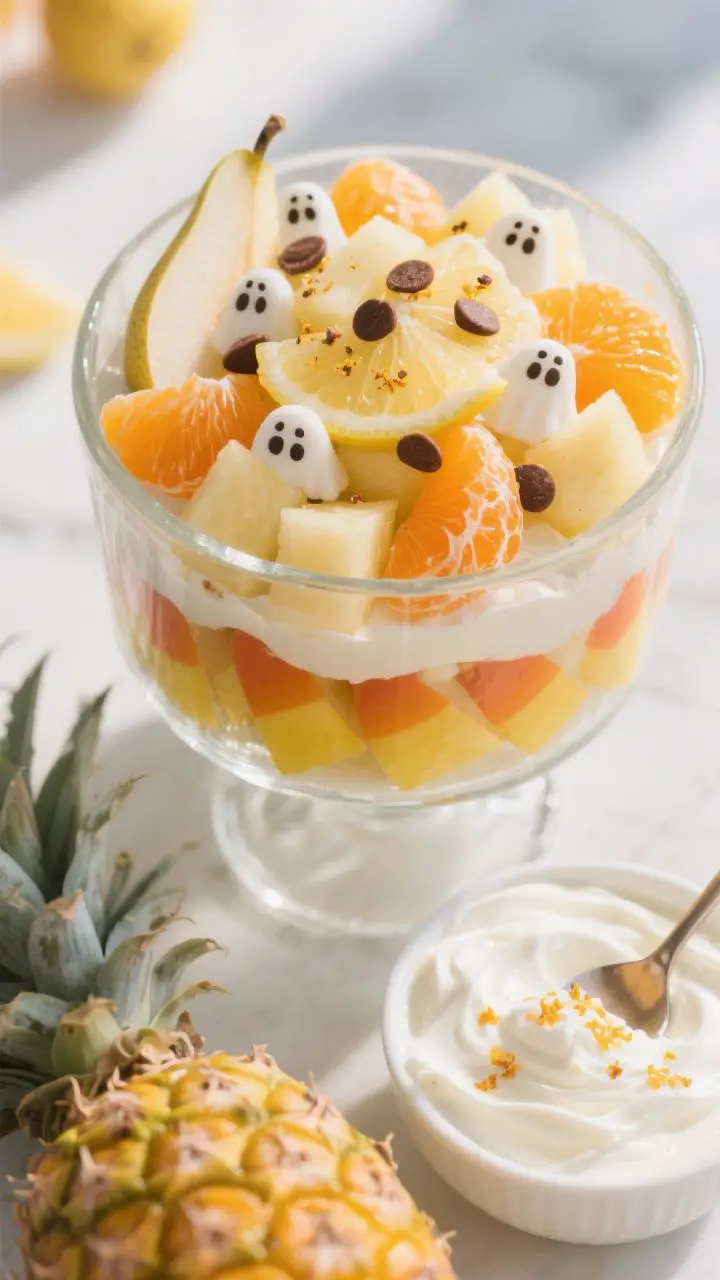 Overhead ingredient-forward trifle presentation: a clear glass bowl layered in candy-corn stripes—golden pineapple chunks at the bottom, vibrant mandarin orange segments in the middle, pale diced pear on top (tossed with lemon). A side dish of vanilla citrus cream (Greek yogurt folded with lightly whipped cream, honey, vanilla, orange zest) with a small spoon. Optional coconut “ghosts” sprinkled on the top layer with mini chocolate chip “eyes.” Bright, cheerful lighting to emphasize freshness and color.