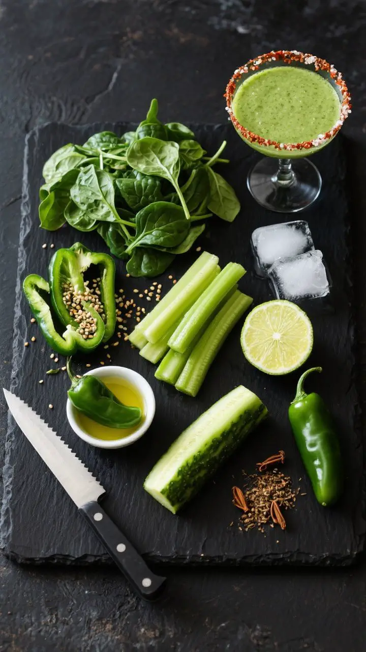 Overhead ingredient-prep shot for the Spicy Garden Greens: neatly arranged on a dark board for contrast—seeded green bell pepper strips, baby spinach leaves, celery pieces, sliced seedless jalapeño half, peeled lime half, small cucumber, a tiny dish with extra-virgin olive oil, and melting ice cubes for the blending method. Add a pinch bowl of cumin as an optional savory tweak and a coupe glass with a salted chili rim off to the side to hint serving idea. Vibrant greens with a pop of jalapeño heat; clean knife and cutting board visible; energetic, bold mood.