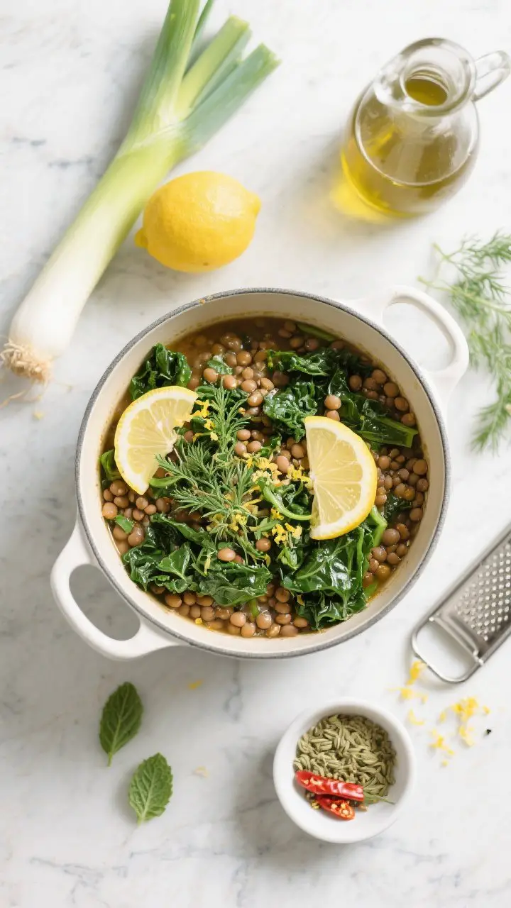 Overhead ingredient-to-final transition flat lay on a light stone surface: a bright lemon-herb lentil and greens stew in a white pot with tender green/brown lentils and wilted kale/chard/spinach, flecked with dill and parsley/mint, finished with extra-virgin olive oil. Surrounding elements include a sliced and rinsed leek, whole lemons (one zested), a microplane with fresh zest, a small bowl of ground coriander, chili flakes, and a carafe of vegetable broth. Fresh, springlike palette with vibrant greens and sunny yellows; clean, airy lighting.