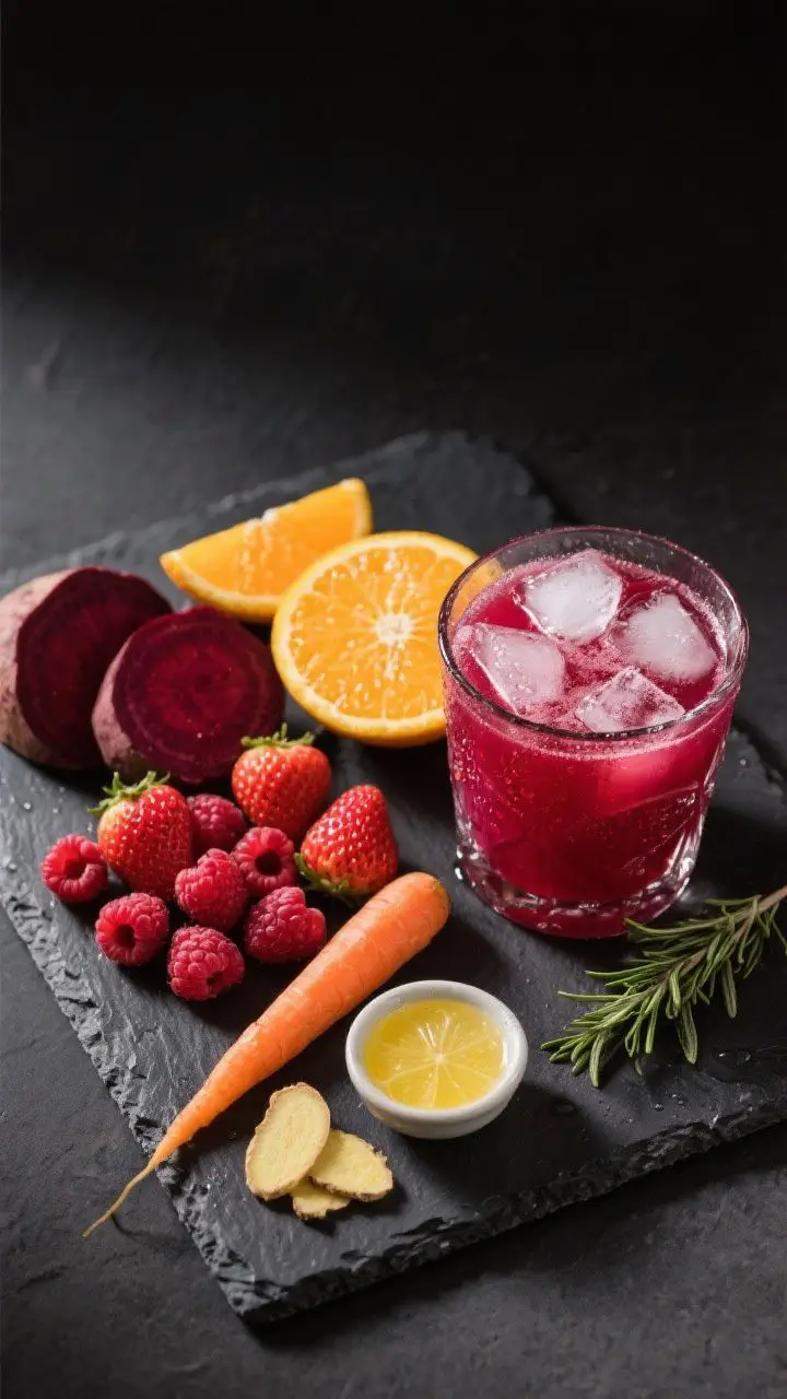 Overhead ingredient-to-glass narrative for Beet The Cold: Ruby Red Citrus Beet Boost on a dark slate board: peeled and quartered beet, peeled orange segments, a handful of strawberries and raspberries, a scrubbed carrot, a sliced ginger coin, and a small dish of lemon juice; next to them the final ruby-red juice in a chilled rocks glass over crushed ice, condensation beading, optional rosemary sprig resting beside for a savory twist; high contrast lighting to make the deep magenta tones pop, clean and modern styling.