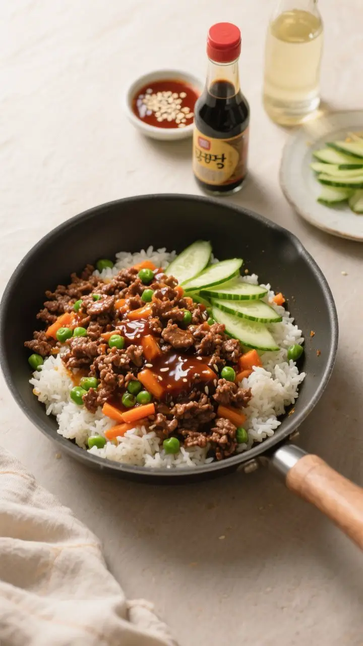 Overhead one-pot process shot: Korean-inspired beef and rice in a deep skillet, ground beef crumbles mingled with jasmine rice, peas and carrots, glossy soy–gochujang sauce, sliced green onion whites visible; bottles of soy sauce and rice vinegar nearby, a small dish of gochujang, sesame seeds sprinkled on top with cucumber slices on a plate to the side; warm, minimal-dish vibes.