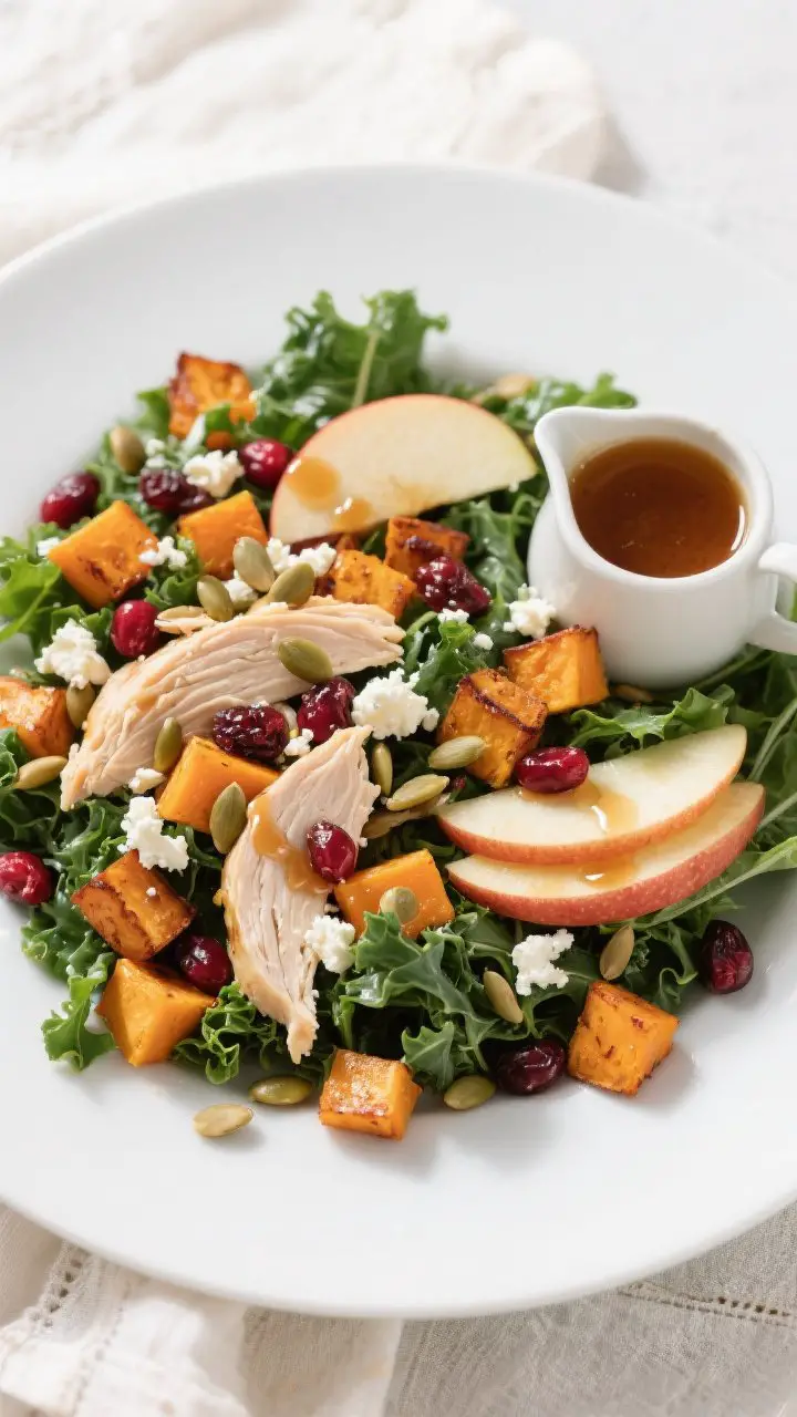 Overhead plated harvest chicken salad: baby kale/mixed greens piled with warm roasted butternut squash cubes, shredded rotisserie chicken, thin Honeycrisp apple slices, dried cranberries, toasted pepitas, and crumbled goat cheese; a drizzle of shimmering maple–cider vinaigrette, with extra dressing in a tiny pitcher; colors pop—deep greens, orange squash, ruby cranberries—on a matte white plate over linen; bright, natural light, crisp styling for meal-prep freshness.