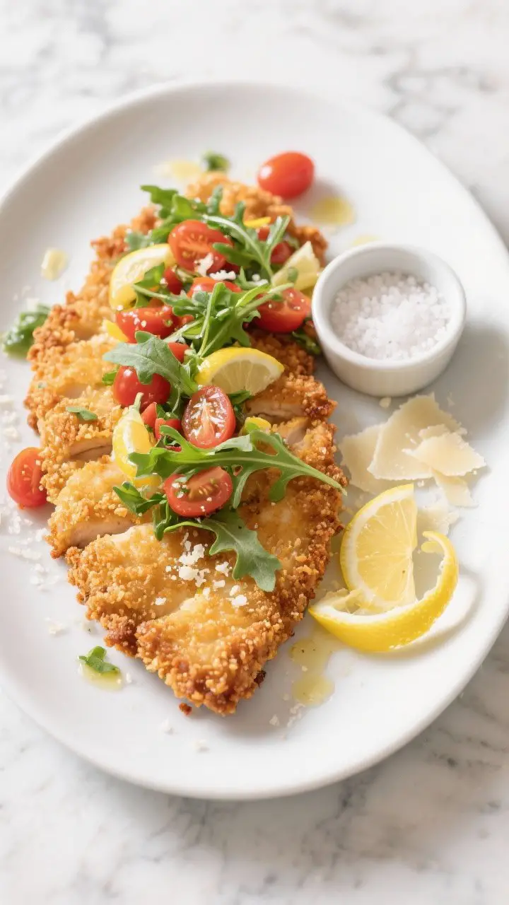 Overhead plated shot: Crispy Chicken Milanese cutlets, golden and crackly with visible panko-Parmesan crust, topped with a bright arugula and cherry tomato salad tossed in lemon juice and extra-virgin olive oil; micro-zested lemon over the chicken, a lemon half and peel curls on the side, optional shaved Parmesan scattered; served on a large white oval plate over a marble surface with a small ramekin of flaky salt; lighting bright and zesty to emphasize crunch and freshness.