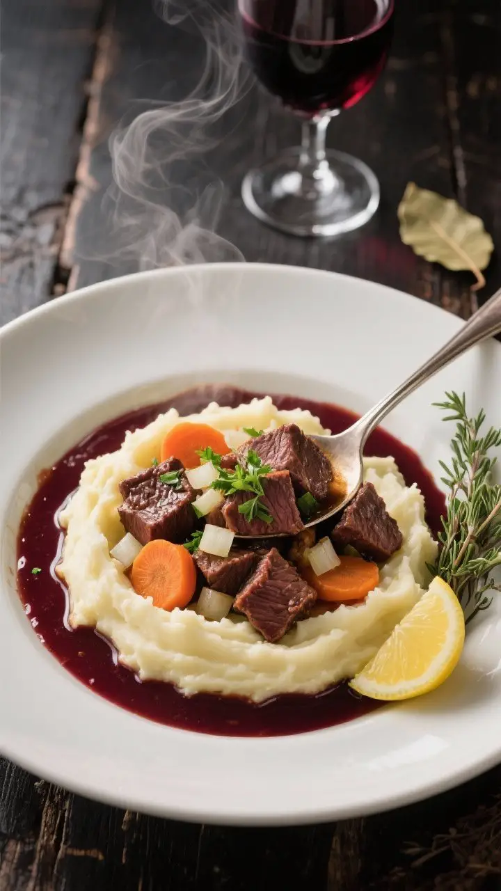 Overhead plated shot: Slow-braised red wine beef spooned over creamy garlic mashed potatoes in a wide shallow bowl, glossy deep burgundy sauce pooling, visible carrot rounds, diced onion, and tender beef chuck cubes, garnished with chopped parsley and a lemon wedge on the side; thyme sprigs, bay leaves, and a small glass of red wine in the background on a dark rustic table, steam rising, moody bistro lighting.