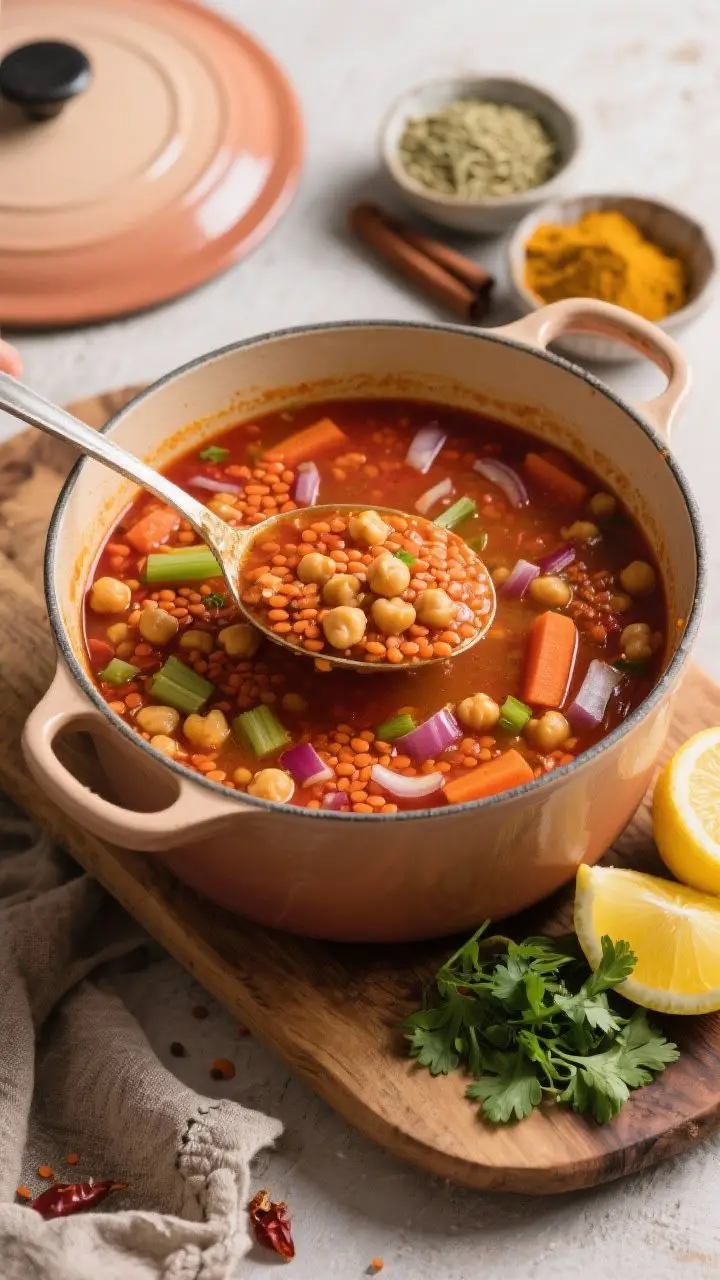 Overhead rustic pot shot of Moroccan-style chickpea harira mid-simmer: hearty tomato base with chickpeas and red lentils, flecks of onion, carrot, and celery; spices present via small bowls of cumin, coriander, turmeric, cinnamon, and cayenne nearby; bright finish shown with lemon halves and chopped cilantro ready to stir in; a ladle lifting a thick, textured scoop to reveal body; warm earthy tones, enamel Dutch oven on a wooden board, natural directional light for a cozy North African-inspired feel.