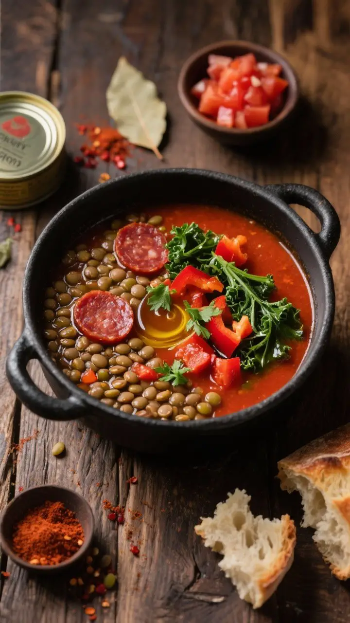Overhead rustic shot of Smoky Spanish Lentil Soup in a wide, matte black pot on a wooden table: brown/green lentils simmering in a tomato-red broth with visible half-moon slices of Spanish chorizo, diced red bell pepper, kale ribbons just wilted, and a glossy sheen of olive oil. Garnish with chopped parsley and a swirl of sherry vinegar. Include nearby props: tin of smoked paprika, bay leaf, crushed red pepper flakes, a small bowl of diced tomatoes, and a torn piece of crusty bread. Warm, moody lighting to emphasize paprika smoke and chorizo sheen, Spanish tapas-bar vibe.