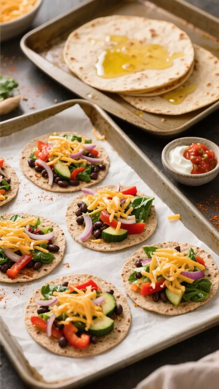 Overhead sheet pan action shot of veggie-packed quesadillas: six whole-wheat tortillas arranged on parchment, some open-faced showing sautéed onion, red bell pepper, zucchini, chopped spinach, and black beans tossed with cumin and mild chili powder, generously topped with shredded Monterey Jack; the top tortillas brushed with oil; a second sheet pan partially placed on top to press; a side of mild salsa and Greek yogurt in small bowls, warm oven glow.