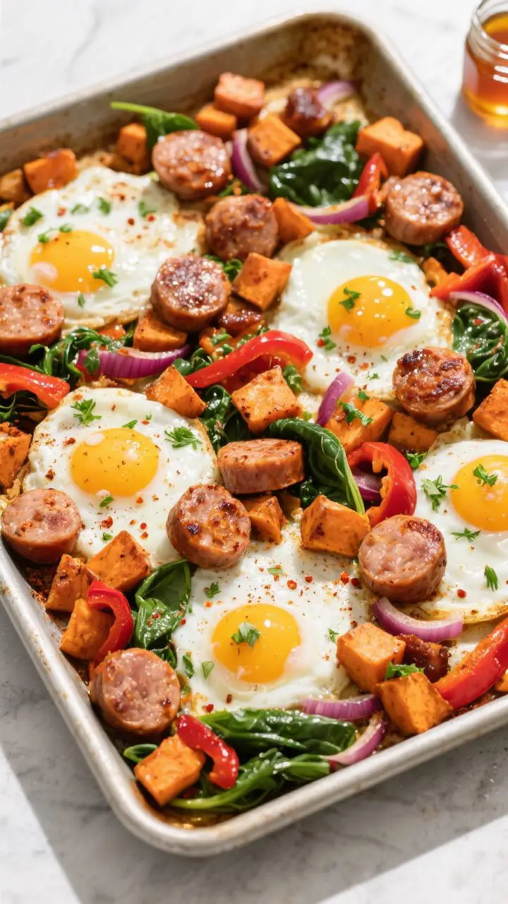 Overhead sheet-pan chicken sausage and sweet potato hash, just out of the oven: caramelized coins of chicken sausage tossed with crisp-edged sweet potato cubes, red bell pepper, wilted baby spinach, and red onion; smoked paprika dusting visible, optional chili flakes; four eggs baked on the pan with set whites and jammy yolks; finish with a sprinkle of chopped parsley and a drizzle of hot honey in a small jar; bright, directional light to highlight texture.