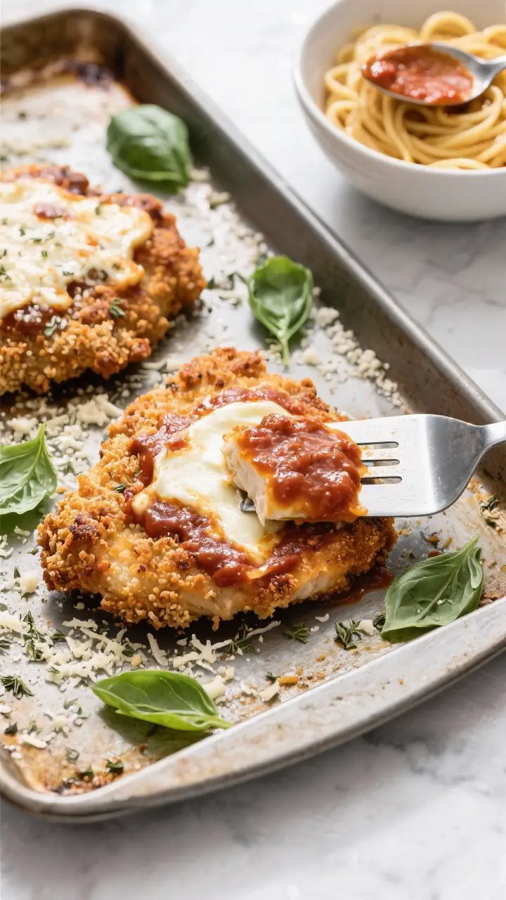 Overhead sheet-pan process-to-plated transition: Extra-crispy baked Chicken Parmesan on a preheated rimmed baking sheet—panko-Parmesan-oregano crust deeply browned, topped with ladled marinara and bubbly, browned low-moisture mozzarella; fresh basil leaves scattered and extra grated Parmesan dusted around; a metal spatula sliding under one cutlet; side scene shows a waiting bowl of spaghetti with a spoonful of marinara; bright, family-friendly mood with clean lines and high contrast to showcase crunch.