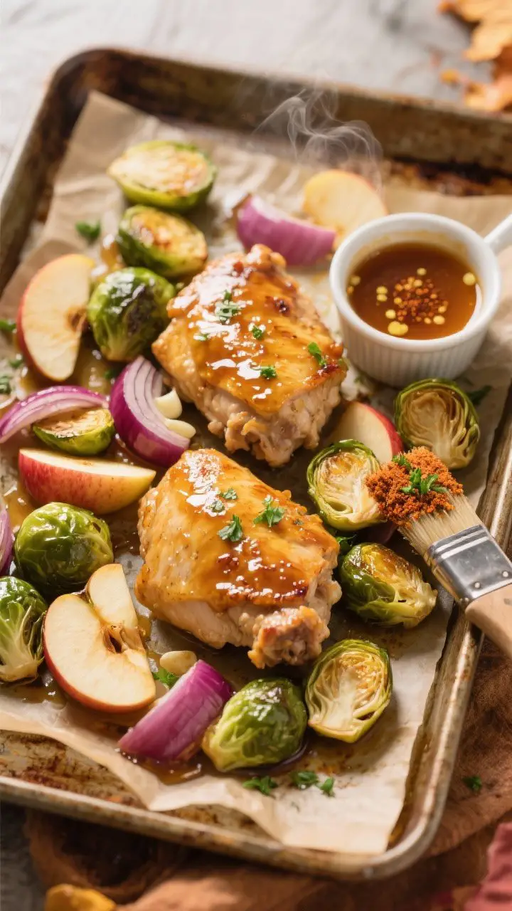 Overhead sheet-pan scene: maple-Dijon glazed boneless chicken thighs nestled among halved Brussels sprouts, Honeycrisp apple slices, and red onion wedges, all caramelized with sticky golden edges; a small ramekin of the maple, Dijon, apple cider vinegar, smoked paprika, and garlic powder glaze to the side with a brush; sprinkle of chopped parsley; parchment-lined pan on a rustic baking sheet, warm fall tones, soft side light, minimal props, steam faintly visible.