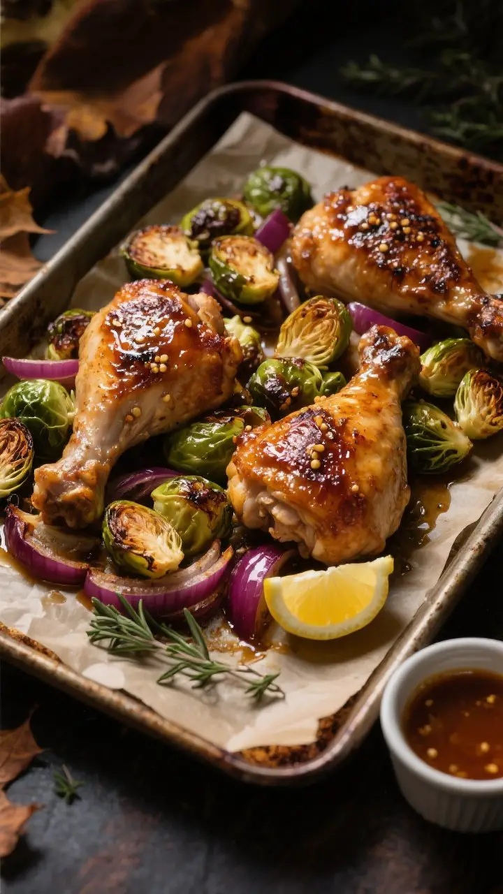 Overhead sheet-pan shot of Maple-Dijon roast chicken thighs with crispy Brussels sprouts: bone-in, skin-on chicken thighs lacquered with a glossy maple syrup–Dijon–apple cider vinegar glaze, nestled over halved Brussels sprouts and slices of red onion; charred, lacy edges, a few fresh thyme sprigs scattered; parchment-lined pan on a rustic baking sheet, a small ramekin of extra maple-Dijon sauce, lemon wedge off to the side for finishing; warm, moody fall lighting, high contrast to emphasize caramelization.