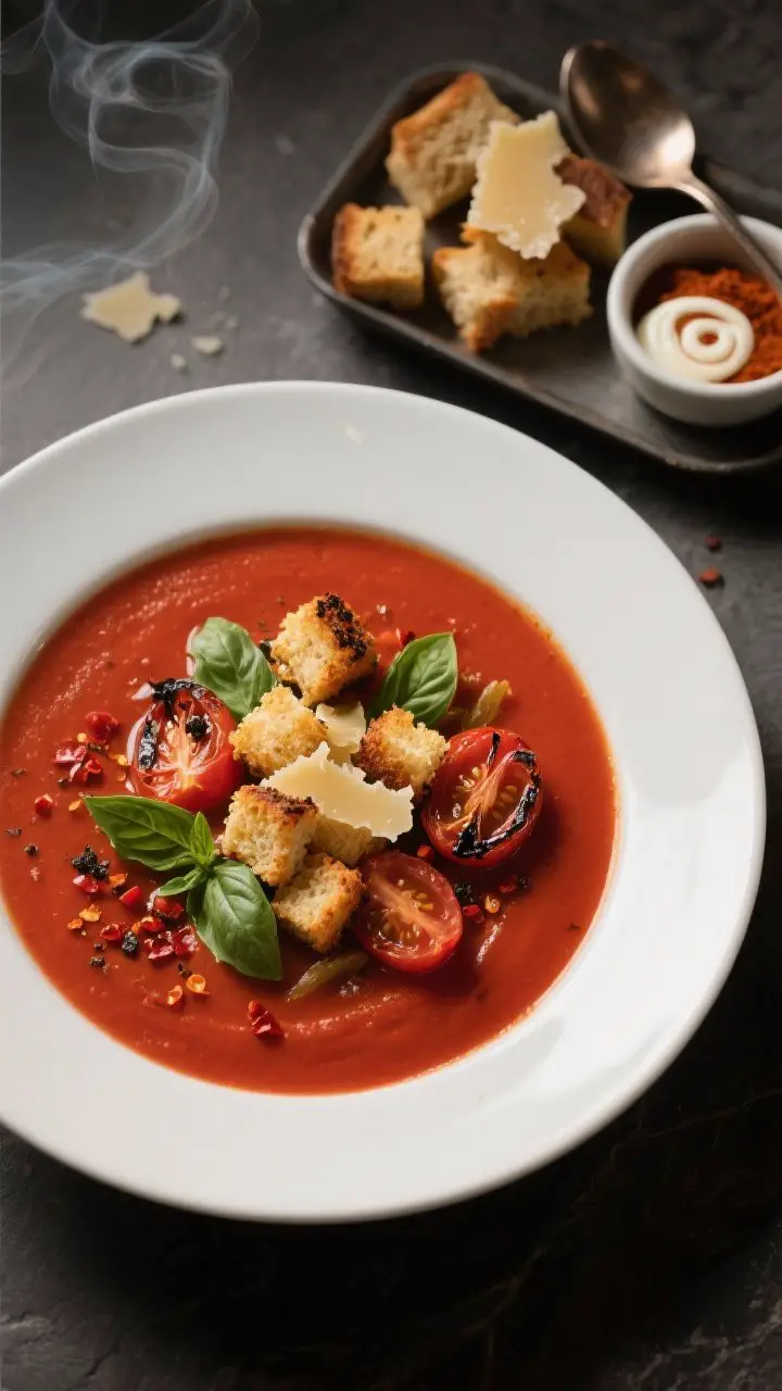 Overhead shot of a deep-red smoky roasted tomato basil soup in a matte white bowl, silky texture with visible olive oil sheen, topped generously with golden crispy Parmesan croutons and torn fresh basil leaves; charred roasted tomato and onion caramelization hints in the soup, a pinch of red pepper flakes and cracked black pepper on top; side elements: a small tray of rustic bread cubes with melted Parmesan, a spoon, a ramekin of smoked paprika, and a drizzle of cream swirled in; warm moody lighting, slate surface, steam subtly rising.