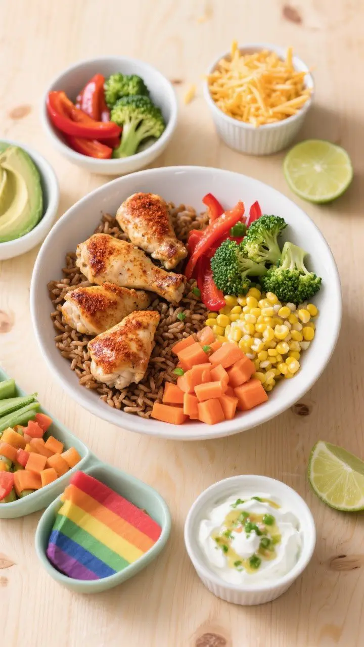 Overhead shot of a DIY rainbow chicken veggie rice bowl bar: warm brown rice in a large white bowl, separate small bowls holding roasted bite-size chicken thighs dusted with smoked paprika, roasted broccoli florets, red bell pepper strips, diced carrots, and bright yellow corn; a small ramekin with creamy Greek yogurt–salsa–lime drizzle, optional shredded cheddar, lime wedges, and avocado slices; vibrant, kid-friendly colors on a light wood surface, clean styling, soft natural light.
