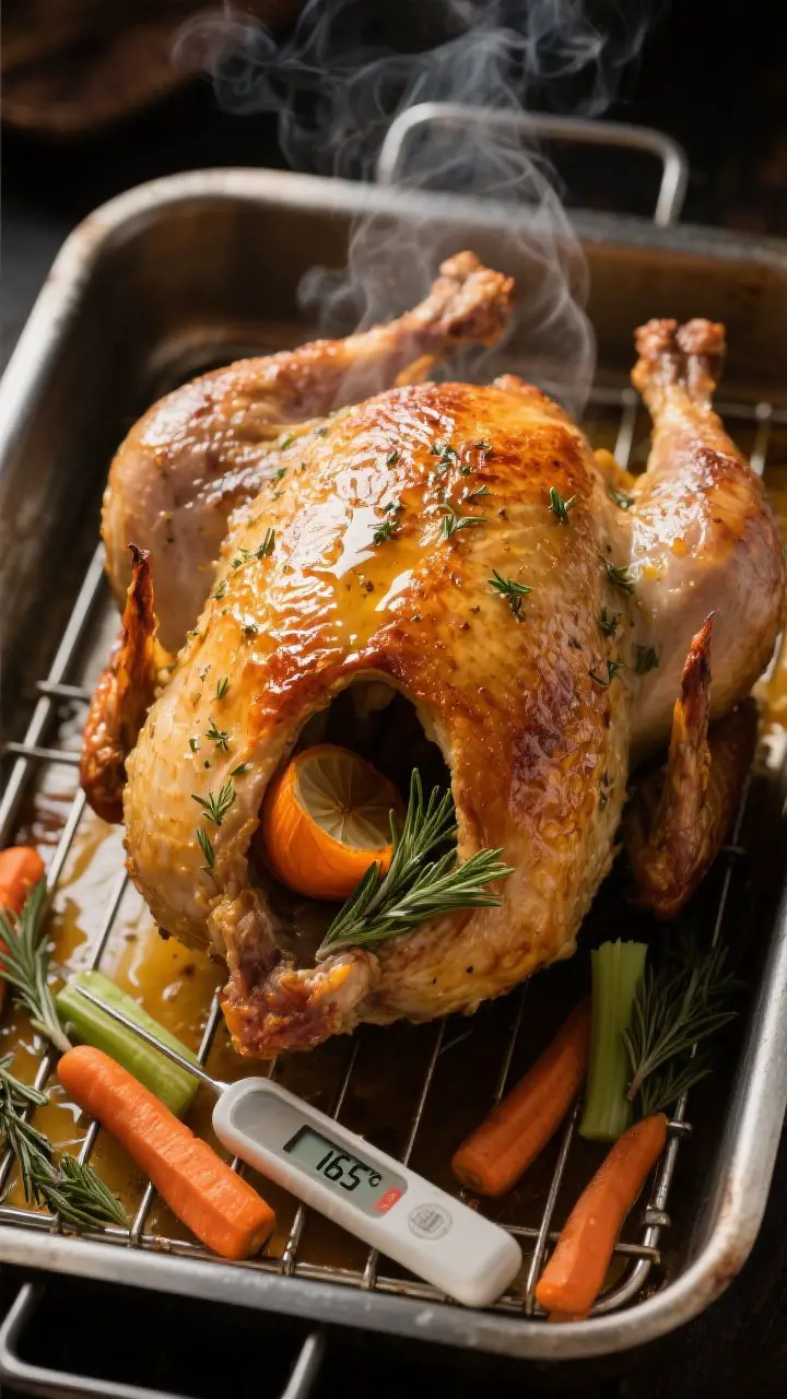 Overhead shot of a herby dry-brined whole turkey just out of the oven on a rack in a roasting pan: deeply golden, shatteringly crisp skin glistening with melted butter, steam rising; orange and onion quarters visible in the cavity; rosemary and thyme flecks on the skin; pan drippings and chicken stock pooling below with tossed carrots and celery under the rack; a meat thermometer reading 165°F nearby; warm, moody lighting emphasizing the crackly texture.