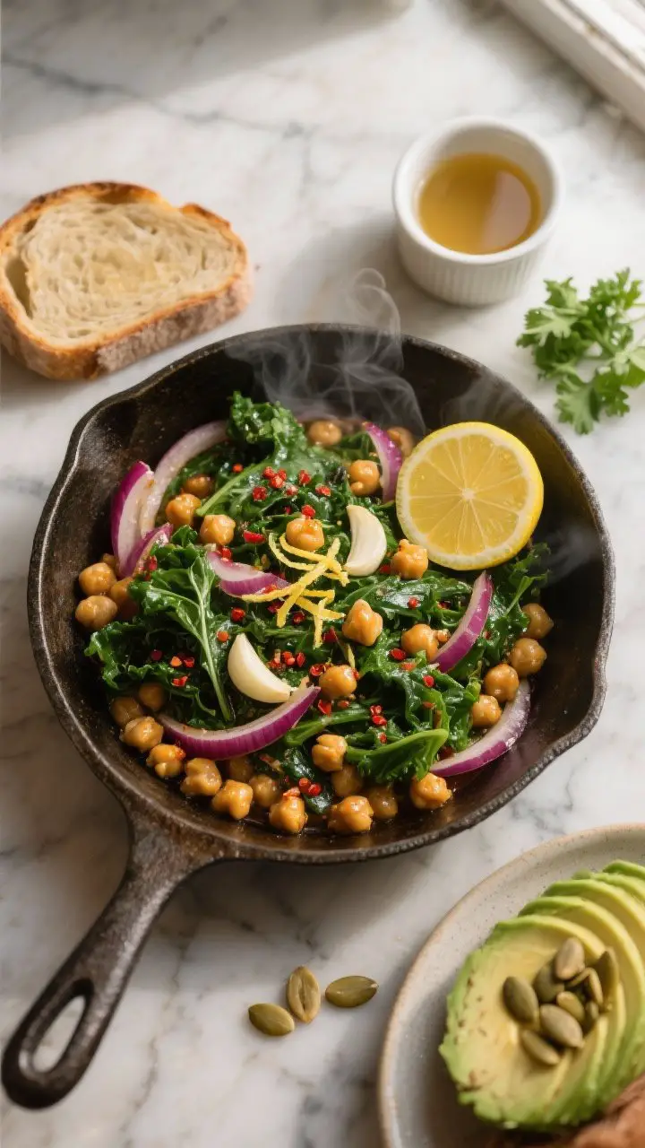 Overhead shot of a rustic skillet on a marble surface featuring the Lemon-Garlic Chickpea Kale Skillet: glossy chickpeas, wilted emerald kale, thinly sliced red onion and garlic, flecks of red pepper flakes and ground cumin, finished with visible lemon zest shavings and a fresh squeeze puddling on the greens; a lemon half, chopped parsley, and a small ramekin of vegetable broth nearby; optional sides styled around the pan—toast of sourdough, a fan of avocado slices, and a sprinkle of toasted pumpkin seeds; warm, cozy Italian-bistro mood, natural window light, crisp textures and steam subtly rising.