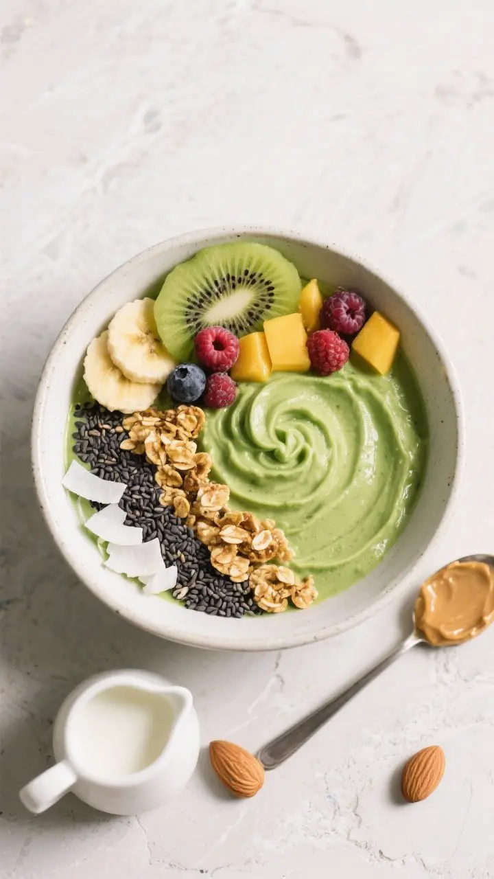 Overhead shot of a thick, spoonable green smoothie bowl with a velvety avocado-banana-mango-spinach base, swirled to soft-serve peaks; meticulously arranged toppings: sliced kiwi fan, mixed berries, golden granola clusters, black chia seeds stripe, and white coconut flakes; almond milk splash in a small pitcher, almond butter spoon nearby; vibrant, fresh, photogenic, no-filter vibe on a clean ceramic bowl against a pale stone background.