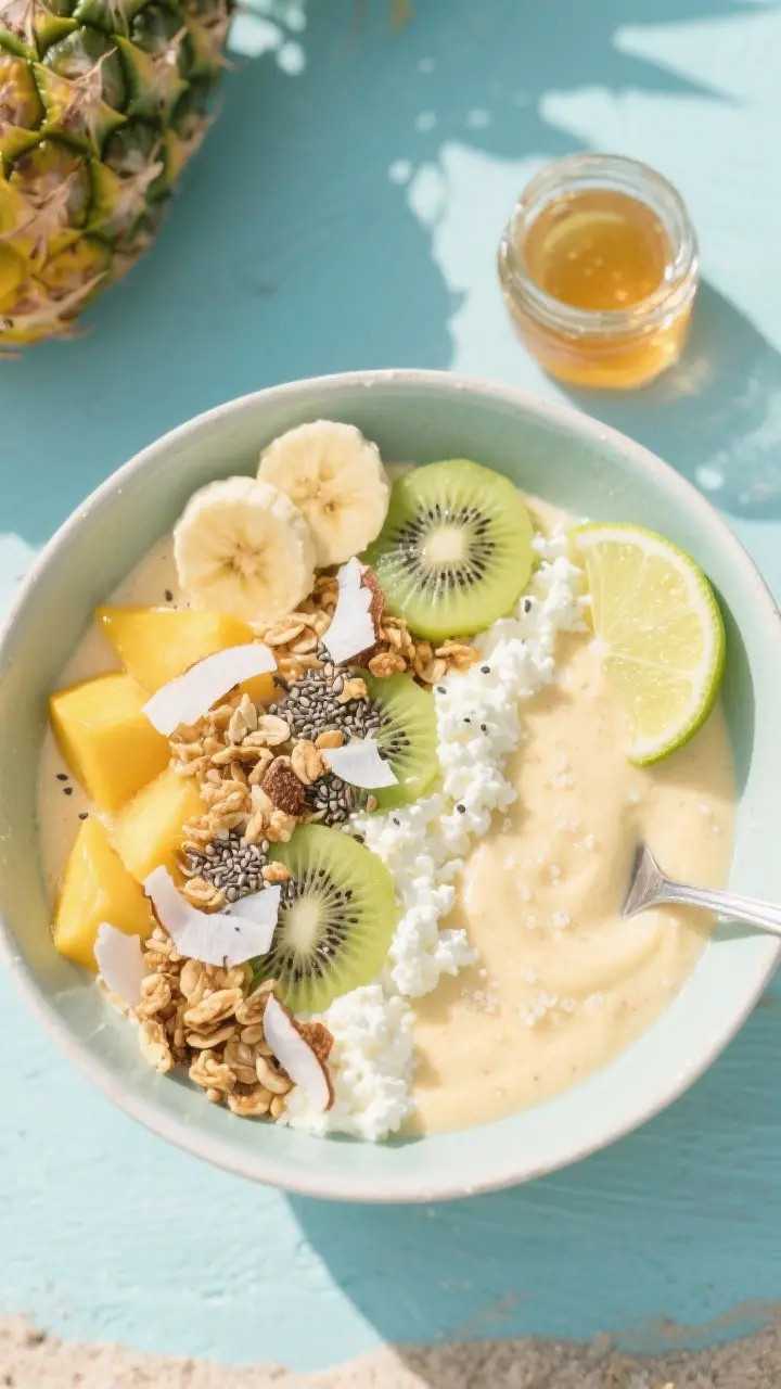 Overhead shot of a tropical cottage cheese smoothie bowl with a thick, spoon-standing texture in a shallow bowl: blended cottage cheese with frozen banana, pineapple, and mango, coconut water, shredded coconut, pinch of salt and lime yielding a pale sunny hue; topped with sliced kiwi, granola clusters, chia seeds, and toasted coconut; lime wedge and a small jar of honey to the side; bright, beachy color palette, crisp styling, vacation vibes.