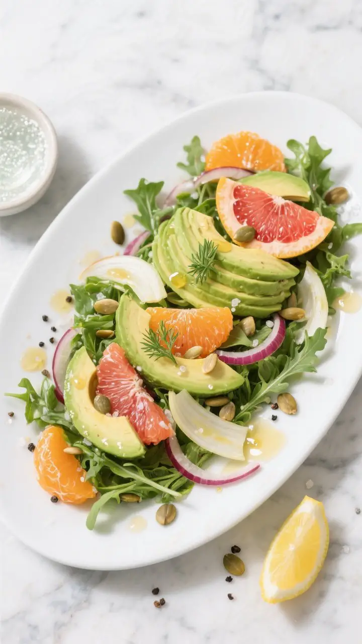 Overhead shot of a Zingy Avocado Citrus Salad arranged on a wide white platter: layered baby arugula, fan-sliced ripe avocado, vibrant orange and ruby grapefruit segments, thinly shaved fennel with fronds, and wisps of very thin red onion. Glossy lemon-olive oil-honey dressing lightly drizzled, toasted pumpkin seeds scattered, sea salt and cracked black pepper visible. Styled on a cool marble surface with a small bowl of sparkling water and a lemon wedge nearby, bright spa-like lighting emphasizing juicy citrus and creamy avocado contrast.