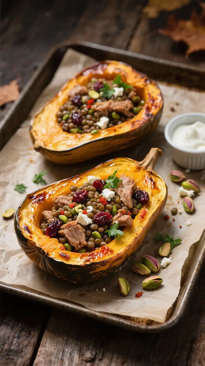 Overhead shot of roasted acorn squash halves, cut-side up on a parchment-lined sheet pan, stuffed with a glistening turkey-lentil mixture flecked with cumin, smoked paprika, cinnamon, and red pepper flakes; visible bits of browned lean ground turkey, tender green/brown lentils, chopped dried cranberries, and crushed pistachios, sprinkled with parsley and a few crumbles of feta; edges of the squash caramelized and golden, a small ramekin of garlicky yogurt and extra pistachios on the side; warm, moody fall lighting on a rustic wooden surface, no people.