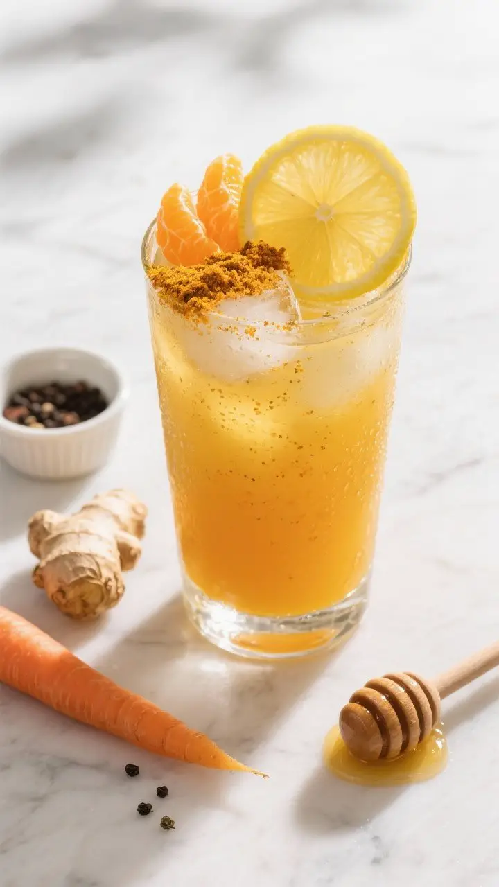 Overhead shot of the final Sunrise Citrus Shield With Ginger Zap poured over ice in a clear highball glass, vivid orange-gold hue with a lemon wheel garnish, visible fine ginger flecks and a dusting of turmeric on top; styled with peeled orange segments, a halved lemon, a small peeled ginger knob, a scrubbed carrot, a honey dipper with a glossy drip, and a tiny pinch of black pepper in a ramekin to hint absorption; bright morning light on a white marble surface, condensation on the glass, clean spa-like mood, ultra-crisp focus and vibrant saturation.