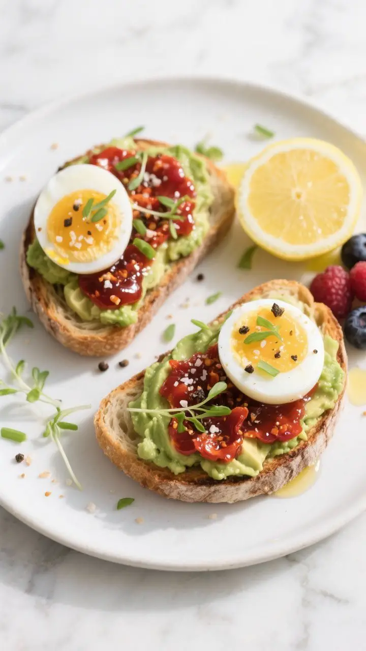 Overhead shot of two slices of toasted sourdough topped with lemony smashed avocado, sliced jammy 7-minute eggs, and glossy red chili crunch, finished with flaky salt, cracked black pepper, and chopped chives; microgreens scattered, a lemon half and olive oil drips nearby, served on a matte white plate on a light marble surface with a small side pile of fresh berries; bright morning light, crisp textures, café-style minimal styling.