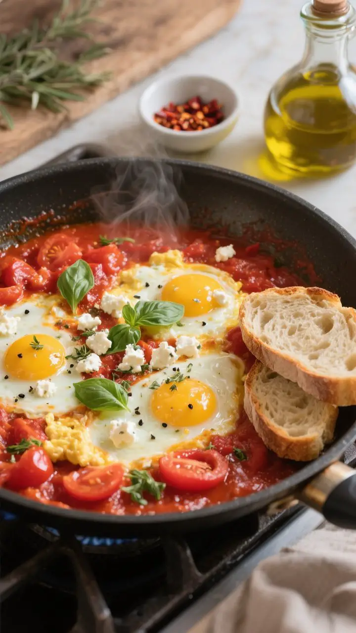 Savory strapatsada (Greek scrambled eggs with tomatoes): overhead skillet shot of soft, creamy eggs folded into a lush, slightly thick tomato sauce, visible olive oil sheen, specks of black pepper; crumbles of feta melting in, flecks of torn basil leaves (or dried oregano) on top; served next to warm slices of crusty bread for scooping; optional pinch bowl of chili flakes and a drizzle bottle of olive oil nearby; vibrant reds and creamy yellows, steam rising subtly; clean, rustic stovetop styling, process-focused, professional food lighting.