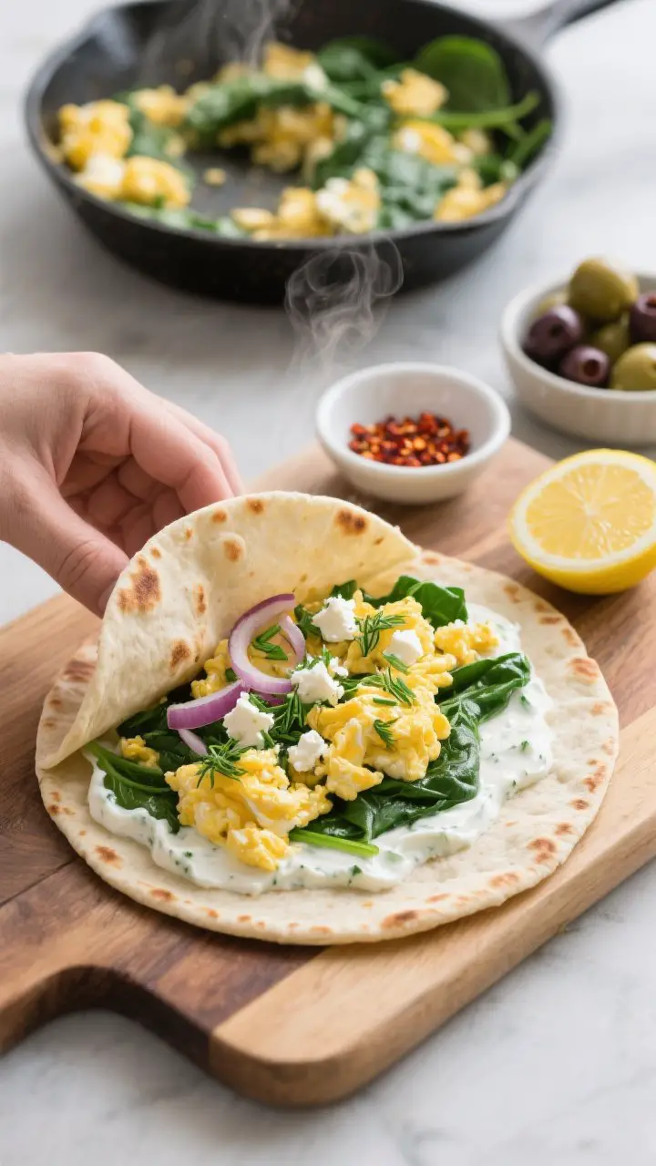 Spanakopita breakfast wrap with herby feta eggs: 45-degree angle process shot on a wooden board showing a warmed flatbread being assembled; a smear of tzatziki/Greek yogurt, then a generous pile of scrambled eggs with wilted spinach, sautéed onions and garlic, crumbled feta, and chopped fresh dill; lemon wedge to the side ready to squeeze; a sprinkle of chili flakes in a tiny dish; background includes a skillet with remaining spinach-egg mixture and a small bowl of olives; vibrant greens and creamy eggs, steam visible, wrap partially folded to show filling texture, clean, modern styling.