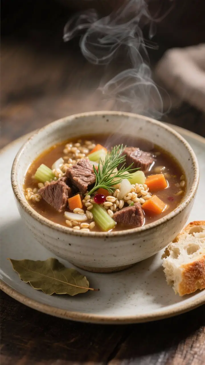 Straight-on bowl shot: Cozy beef and barley soup in a sturdy ceramic bowl, chunky pieces of stew beef, pearled barley, diced carrots, onion, and celery in a clear, rich beef broth; finished with a sprinkle of fresh dill and a tiny splash of red wine vinegar for sheen; a bay leaf on a saucer, crusty bread torn beside the bowl, gentle steam and natural afternoon light.