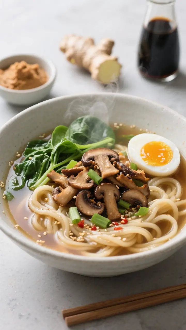 Straight-on bowl shot of miso-ginger udon noodle soup, crystal-clear umami broth with glossy udon loops surfacing; topped with a dramatic pile of crispy browned shiitake mushrooms, bright baby spinach just wilted, thinly sliced scallions, and a halved soft-boiled egg with jammy yolk; delicate miso cloudiness, droplets of sesame oil glistening; finish with specks of chili crisp and sesame seeds; background: a small bowl of miso paste, piece of fresh ginger, and a bottle of soy sauce; clean contemporary styling, high contrast, steam visible.