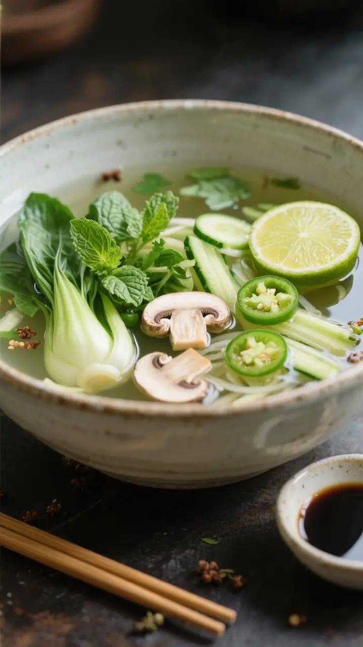 Straight-on bowl-side view of Clean Green Detox Pho-Inspired Broth: clear, aromatic broth in a deep ceramic bowl with floating whole spices removed but flavor showcased—sliced shiitake and oyster mushrooms, halved baby bok choy, julienned zucchini; garnished lavishly with fresh basil, cilantro, mint, thinly sliced scallions, and rings of jalapeño; lime wedge perched on the rim, chopsticks and a small dish of tamari nearby; spa-like, restorative lighting with subtle reflections on the broth.