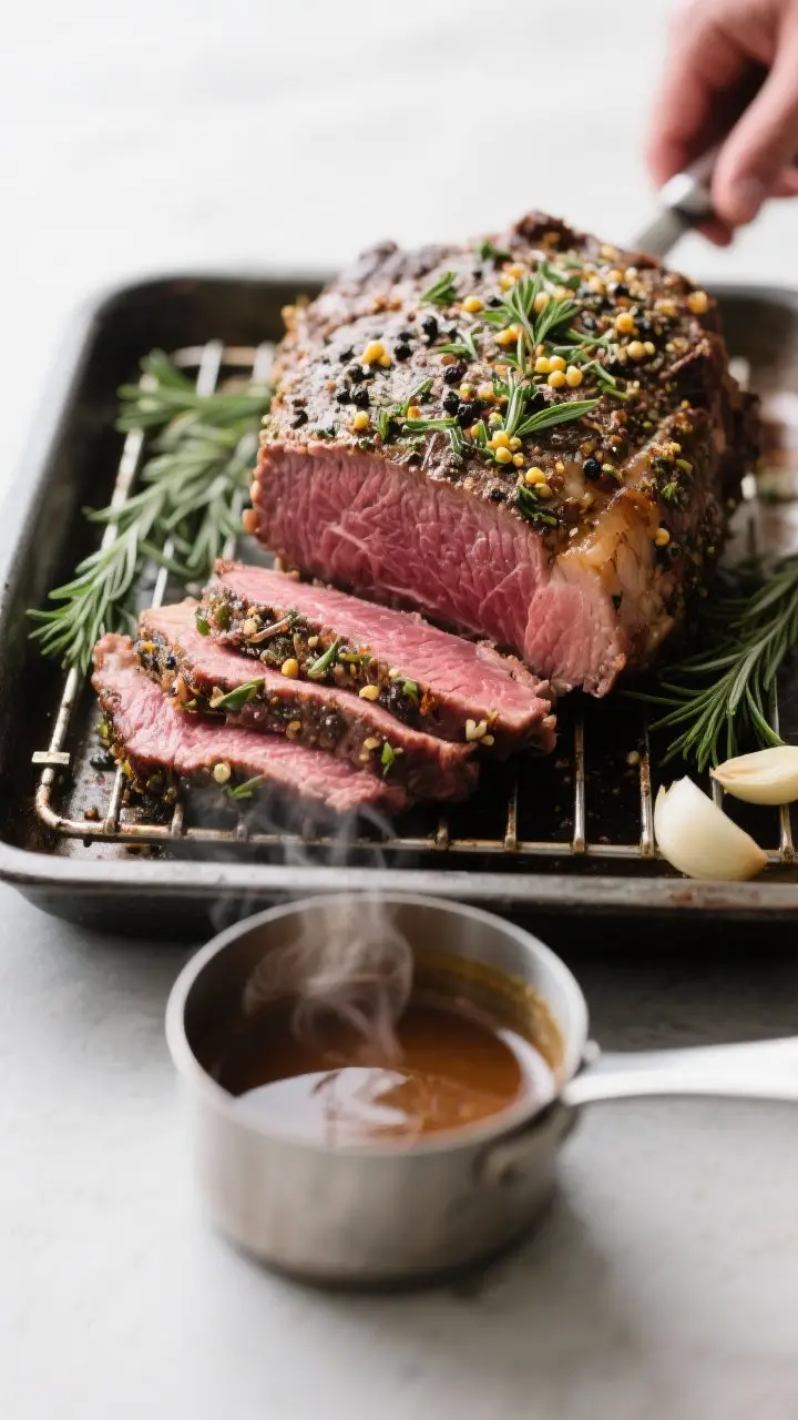 Straight-on carving scene (no hands): Herb-crusted roast beef on a rack over a roasting pan, crust speckled with chopped rosemary, thyme, garlic, Dijon, and black pepper; a few thin slices cut to reveal medium-rare pink center; small saucepan of glossy pan gravy made from fond and beef broth in front, with visible steam; simple backdrop for a quietly elegant feel.