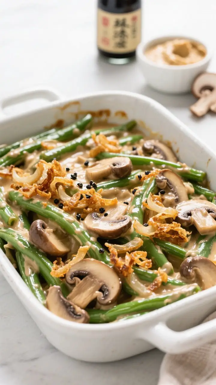 Straight-on casserole beauty shot of green bean casserole glow-up in a white stoneware dish: vibrant snappy green beans coated in a glossy miso-mushroom cream with visible cremini slices; topped generously with deeply golden crispy shallots; flecks of black pepper; a small bowl of white miso paste, soy sauce bottle, and sliced mushrooms styled nearby; clean, modern setting with gentle highlights to showcase sheen and crunch.