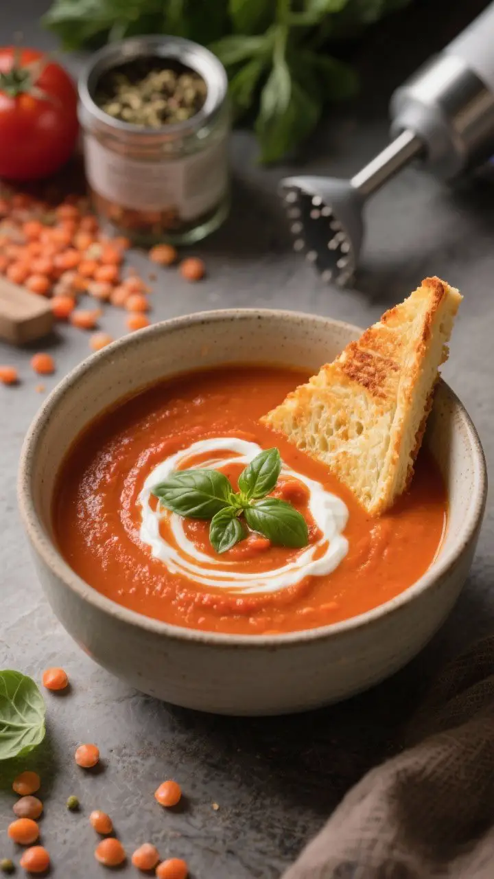 Straight-on cozy bowl shot of creamy tomato basil lentil soup: a matte ceramic bowl filled with smooth, deep-orange tomato soup thickened with red lentils, finished with a swirl of yogurt and a sprinkle of fresh basil; a slice of grilled cheese triangle leaning on the rim ready for dunking; background hints of crushed tomato can, dried basil jar, and an immersion blender; soft, warm lighting evoking a chilly night.