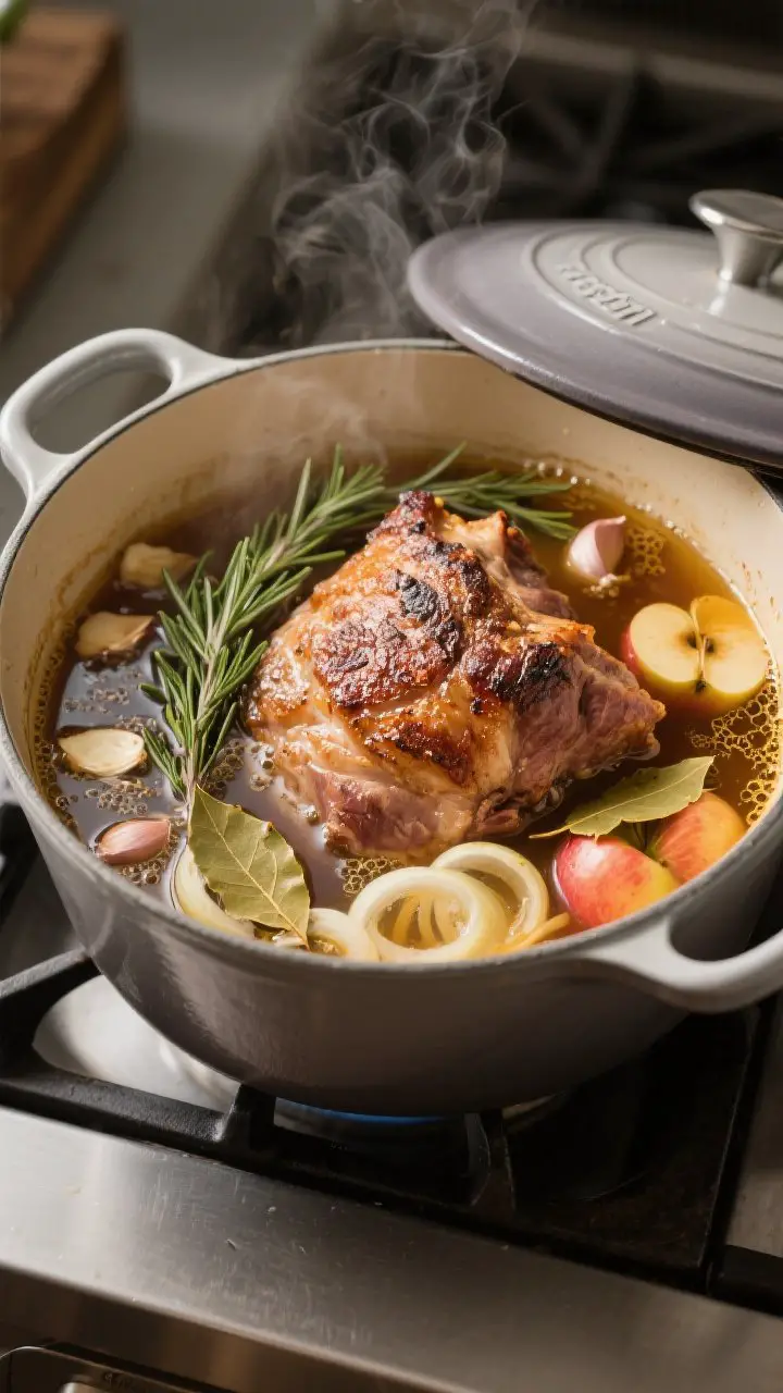Straight-on Dutch oven braise in progress: seared, deeply browned pork shoulder nestled in apple cider and chicken stock with rosemary sprigs, bay leaves, smashed garlic, and sliced onions; liquid gently simmering with tiny bubbles, golden fat pooling on top; lid slightly askew, heat haze rising; warm, cozy kitchen mood on a matte stovetop