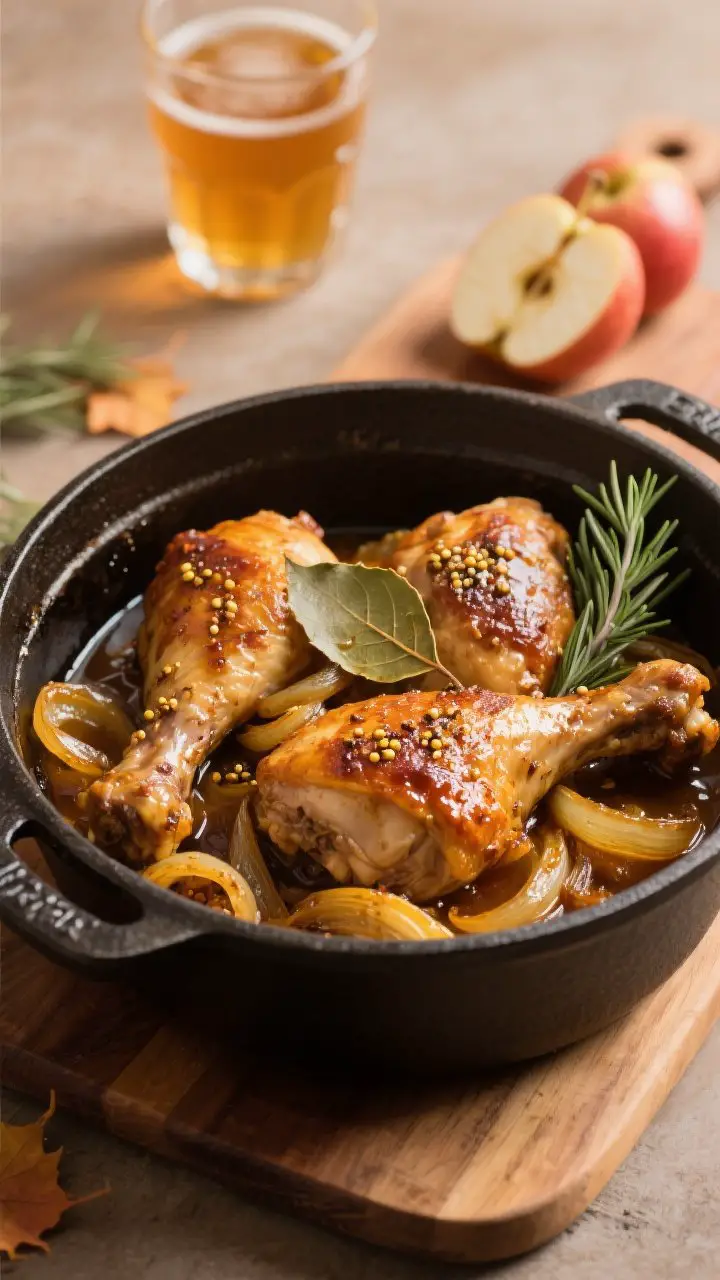 Straight-on Dutch oven braise of apple cider chicken with caramelized onions: bone-in chicken thighs/legs, skin-up and bronzed, nestled in jammy, golden onions tinted by fresh apple cider; whole-grain mustard specks, a bay leaf and rosemary sprigs visible; reduced, glossy sauce clinging to chicken; cast-iron pot on a wooden board, with a small glass of apple cider and sliced apples staged in the background; warm, amber-toned light for a fall aroma feel.