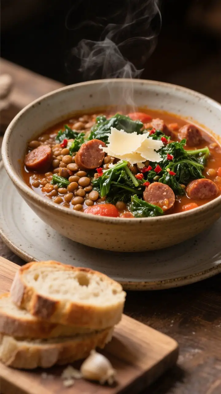 Straight-on hearty bowl shot: lentil, sausage, and kale stew served in a deep ceramic bowl brimming with browned Italian sausage crumbles, tender brown lentils, chopped kale wilted to a deep green, and a robust tomato-chicken broth; finished with a drizzle of balsamic vinegar. Garnish with grated Parmesan and a pinch of red pepper flakes; place a stack of crusty garlic bread on a board in the foreground. Cozy, family-supper mood with rich, warm lighting and visible steam.