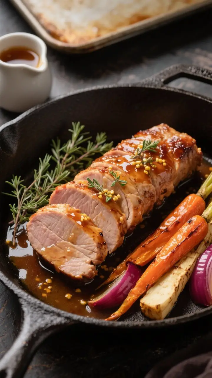 Straight-on hero shot: cider-braised pork tenderloin sliced into medallions, glossed with an apple cider–Dijon–thyme pan sauce, arranged alongside roasted carrots, parsnips, and red onion batons with caramelized edges; fresh thyme sprigs and a small pouring jug of reduced sauce in frame; dark cast-iron skillet and a separate sheet pan in the background hinting at the cooking method; rich amber tones, clean highlights.