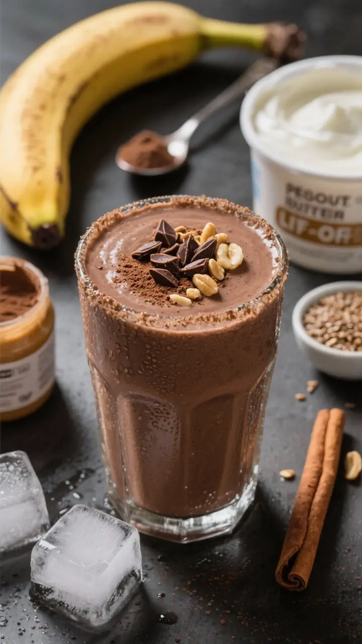 Straight-on hero shot of the Peanut Butter Chocolate Banana Lift-Off smoothie in a frosty glass, thick and milkshake-like with chocolate depth; garnish with a dusting of cocoa powder, a few cacao nibs, and crushed peanuts along the rim; background props: a ripe frozen banana, natural peanut butter in a spoon, chocolate protein powder tub partially cropped, Greek yogurt cup, ground flaxseed pinch bowl, and a cinnamon stick; subtle condensation on glass, rich brown tones, dramatic side lighting to emphasize creamy texture; optional ice cubes nearby for a frosty cue.