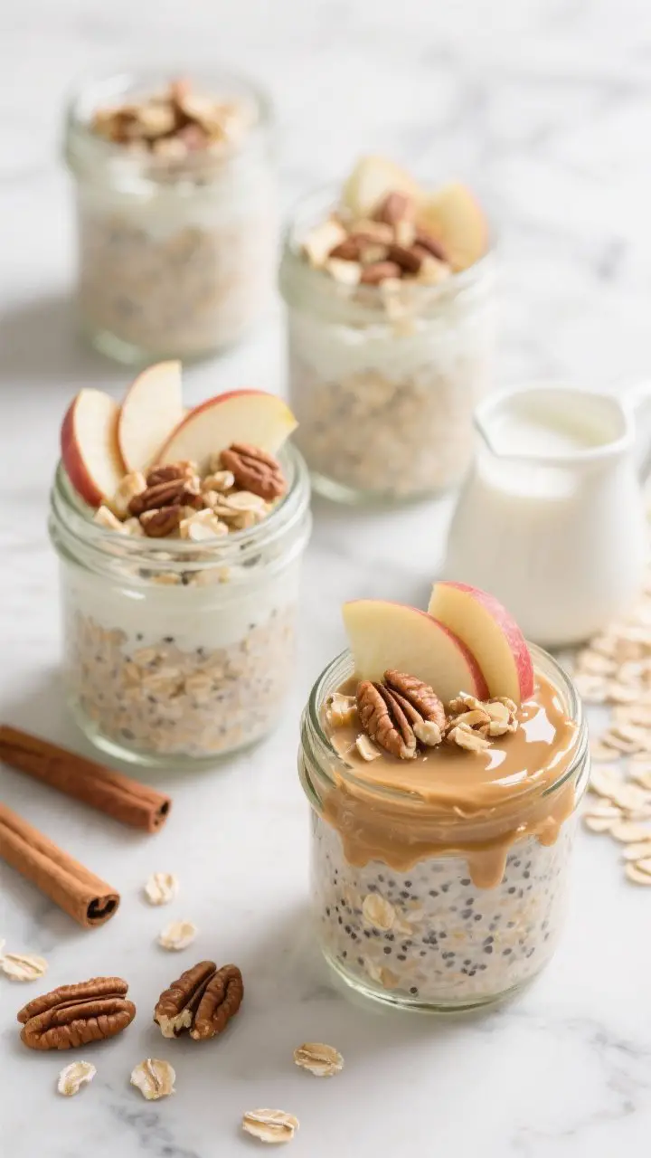 Straight-on ingredient-meets-finish jar lineup of apple-cinnamon overnight oats: glass jars filled with a creamy mixture of rolled oats, almond milk, Greek yogurt, finely diced apple, chia seeds, maple syrup, vanilla, cinnamon, nutmeg, and a pinch of salt; topped with chopped toasted pecans, extra apple slices, and a glossy drizzle of almond butter on one jar; a small pitcher of milk nearby and scattered oats/pecans on a light marble background; soft morning light for a cozy, wholesome breakfast vibe.