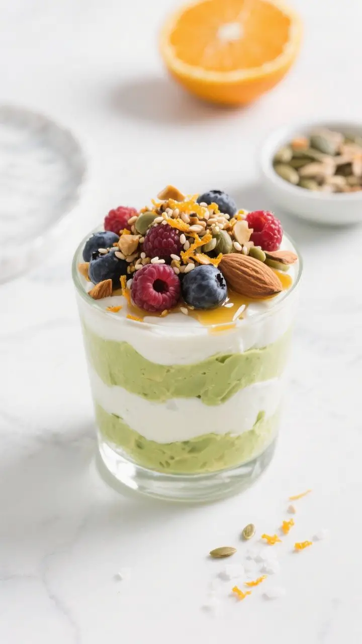 Straight-on parfait composition: layers of pale green avocado-Greek yogurt cream in a clear glass, topped with a jewel-toned mix of berries, a generous sprinkle of toasted pumpkin, sunflower, and sesame seeds with optional sliced almonds, and a glossy drizzle of citrus honey flecked with orange zest; tiny pinch of sea salt grains visible on seeds; a small dish of mixed seeds and a citrus half in the background; bright, clean, no-cook elegance on a white tabletop.
