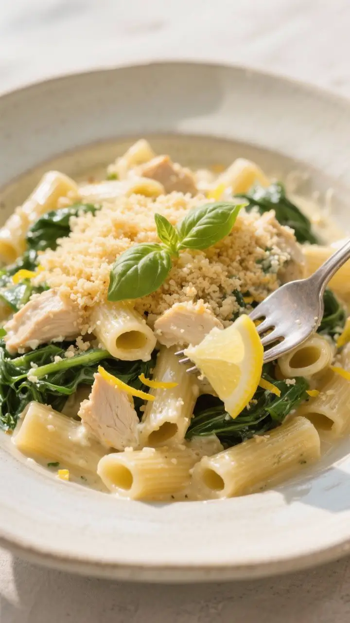 Straight-on plated pasta with texture detail: Lemon-Ricotta Chicken Pasta (rigatoni) coated in a velvety ricotta-Parmesan sauce, glossy from pasta water, tossed with bite-size chicken pieces and wilted baby spinach; bright lemon zest threads and a squeeze of juice for shine; crowned with a generous layer of buttery toasted panko breadcrumbs and a sprinkle of fresh basil; served in a pale ceramic bowl with a fork twirl standing; clean, sunlit styling to emphasize light, creamy, and super lemony vibes.