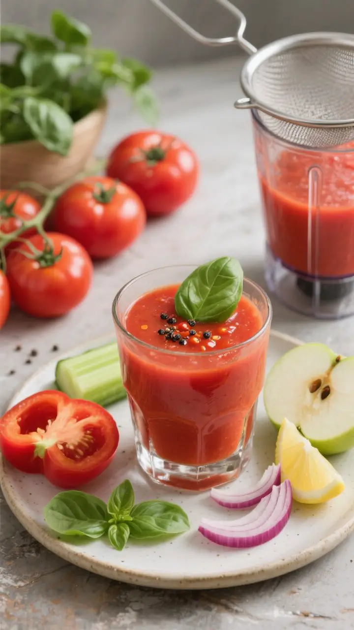 Straight-on plated/poured “Garden Gazpacho Sipper” in a chilled rocks glass, savory tomato-red with a silky texture. Garnish with a basil leaf, a crack of black pepper on the surface, and a tiny dash of hot sauce visible as subtle droplets. In the scene: ripe tomatoes (some halved), red bell pepper half, cucumber chunk, celery stalk, thin slice of red onion, green apple half, lemon wedge, and fresh basil leaves. Include a blender jar with smooth red mixture and a fine strainer nearby to suggest optional straining; cool lunch vibe, slightly rustic surface, appetizing and satisfying.