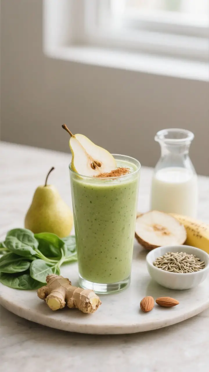 Straight-on plated presentation of a Ginger Pear Green Smoothie in a tall clear glass, vibrant pale-green color with tiny specks from spinach, silky and refreshing. Garnish with a thin pear slice on the rim and a light cinnamon sprinkle. Place nearby the supporting ingredients: baby spinach leaves, a nub of fresh ginger with peel partly removed, half a frozen banana, hemp seeds in a pinch bowl, and almond milk/coconut water in a small carafe. Neutral backdrop, soft window light, minimal, cozy-autumn vibe.