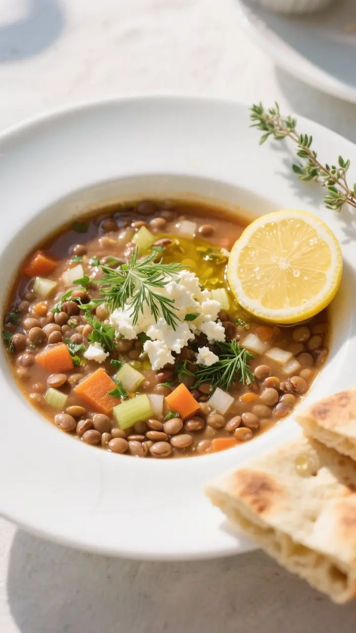 Straight-on plated presentation of Lemon-Herb Greek Lentil Soup (fakes-style) in a white, shallow bowl: brown lentils suspended in a light tomato base with diced onion, carrot, and celery visible; finished with a generous drizzle of extra-virgin olive oil, a shower of fresh dill and parsley, and a crumble of feta on one side. A cut lemon with juice droplets sits beside the bowl, along with a sprig of oregano and thyme. Include warm pita wedges leaning on the rim. Mediterranean, sunlit ambiance with crisp highlights and clean lines.